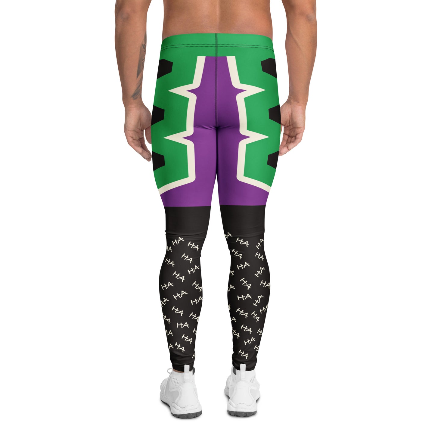 Men’s purple and green villain-style wrestling leggings with bold armour graphic design