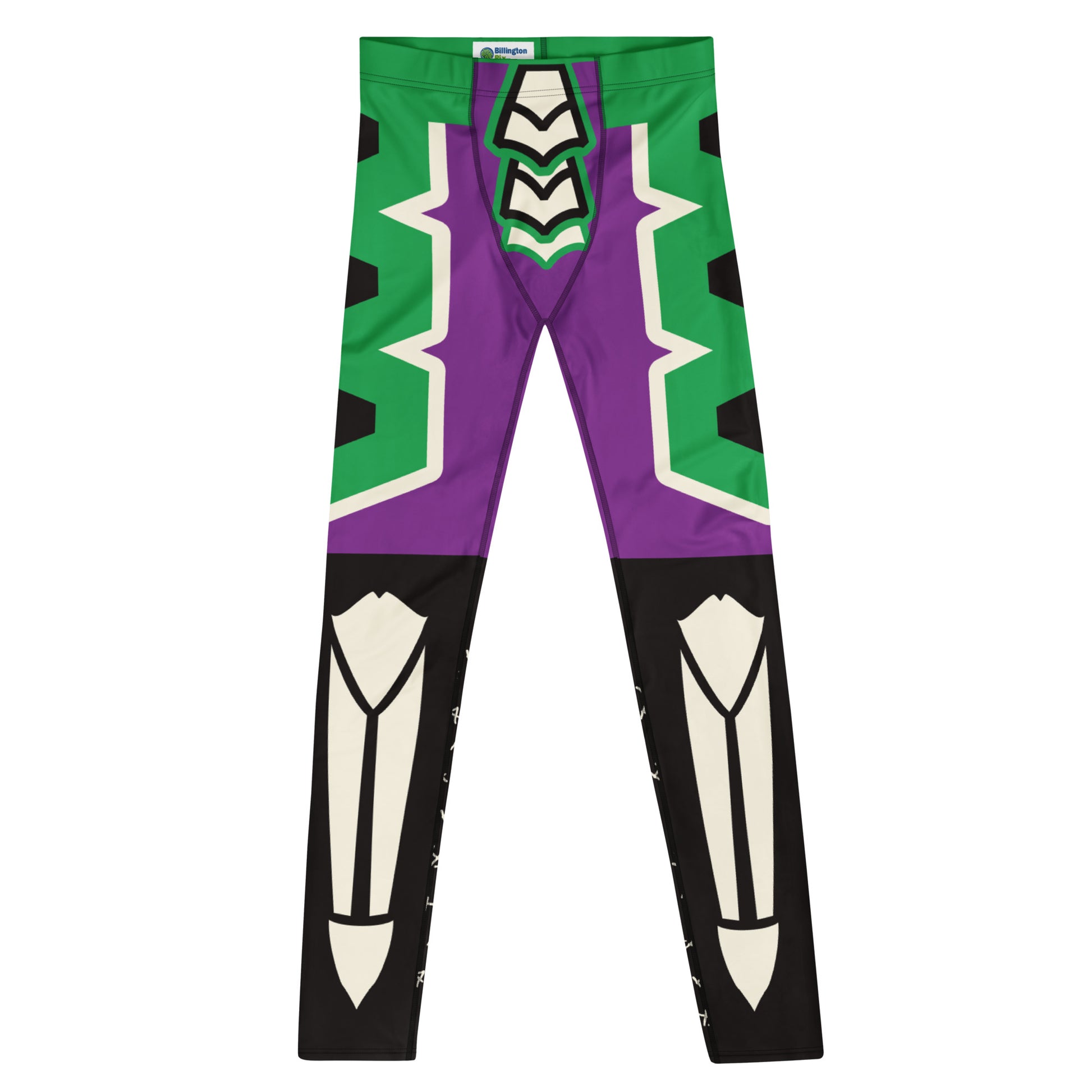 Men’s purple and green villain-style wrestling leggings with bold armour graphic design