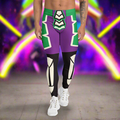 Men’s purple and green villain-style wrestling leggings with bold armour graphic design