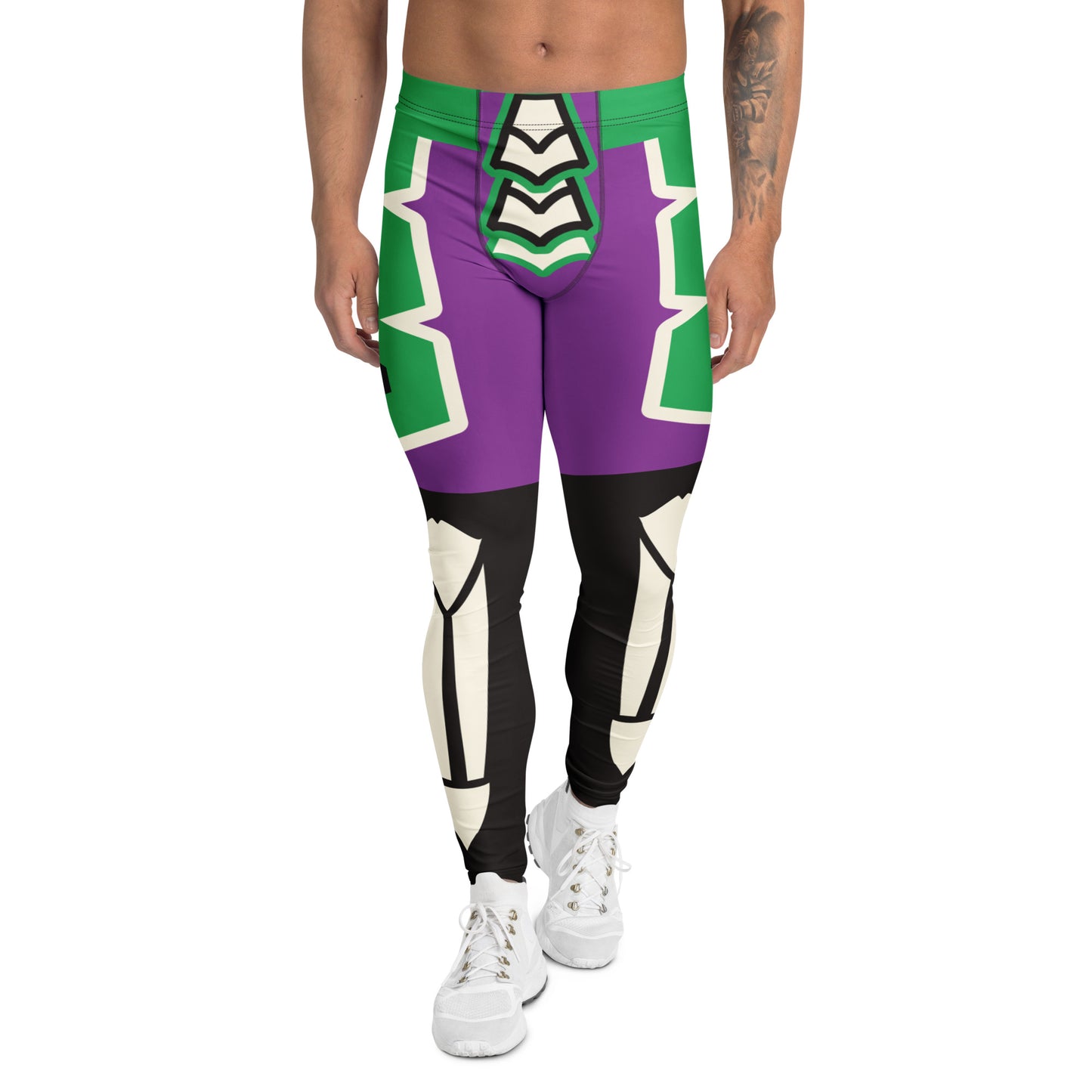 Purple and green wrestling tights for men in geometric design with macabre bone effect down the front shins and spooky haha pattern on the back. Lucha libre style leggings for men. Cosplay activewear by BillingtonPix. 