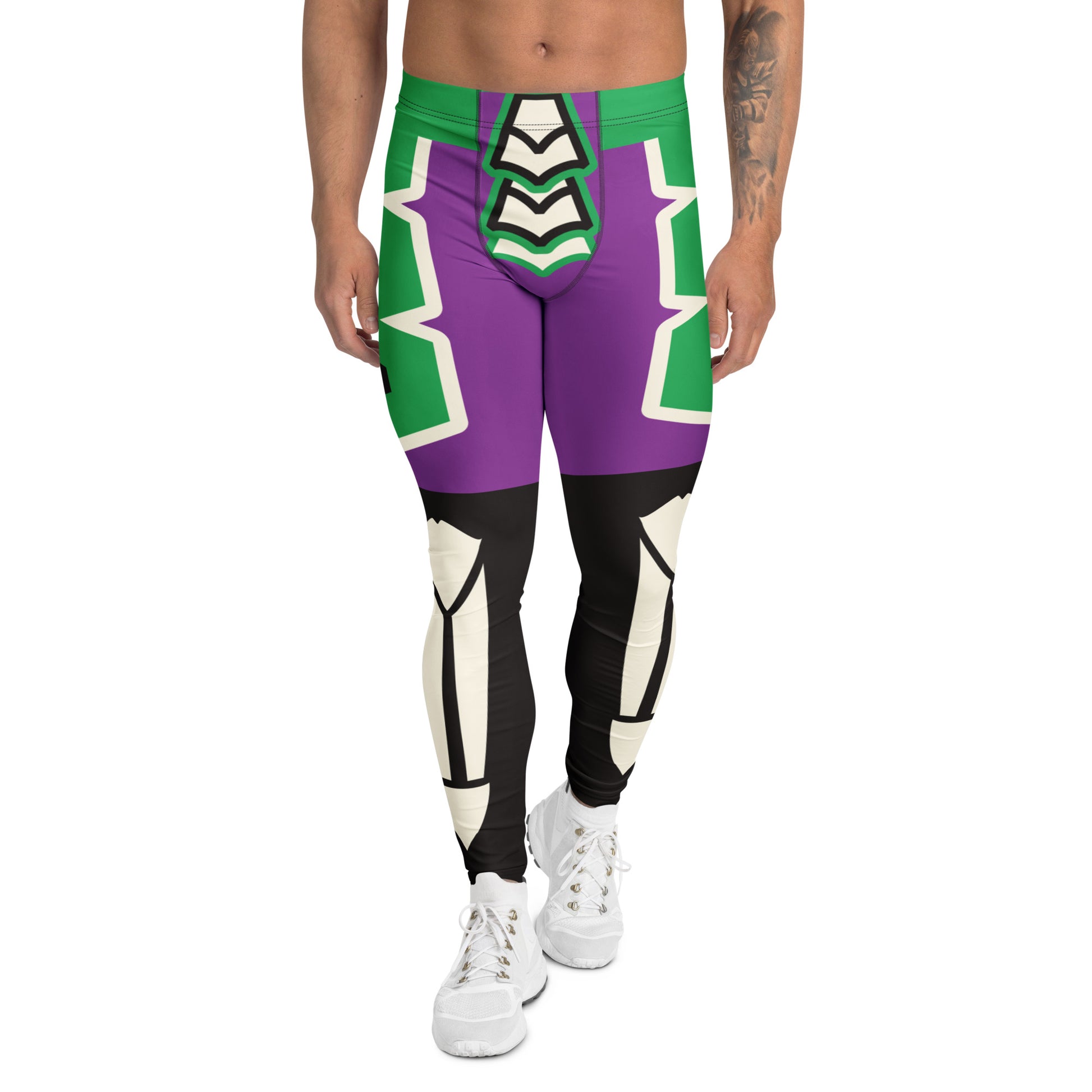 Purple and green wrestling tights for men in geometric design with macabre bone effect down the front shins and spooky haha pattern on the back. Lucha libre style leggings for men. Cosplay activewear by BillingtonPix. 