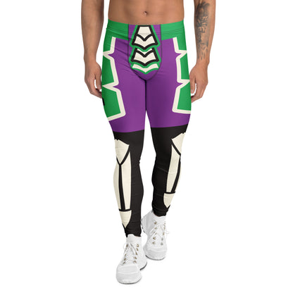 Purple and green wrestling tights for men in geometric design with macabre bone effect down the front shins and spooky haha pattern on the back. Lucha libre style leggings for men. Cosplay activewear by BillingtonPix. 