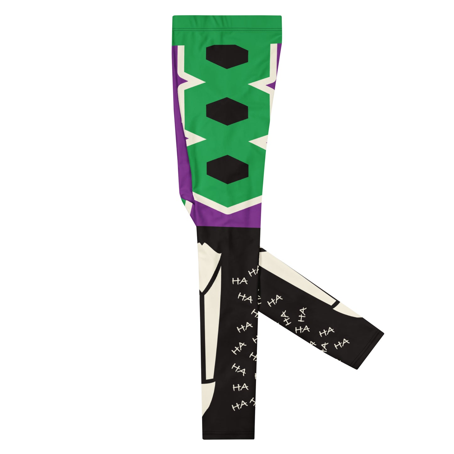 Men’s purple and green villain-style wrestling leggings with bold armour graphic design