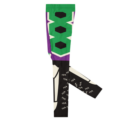 Men’s purple and green villain-style wrestling leggings with bold armour graphic design
