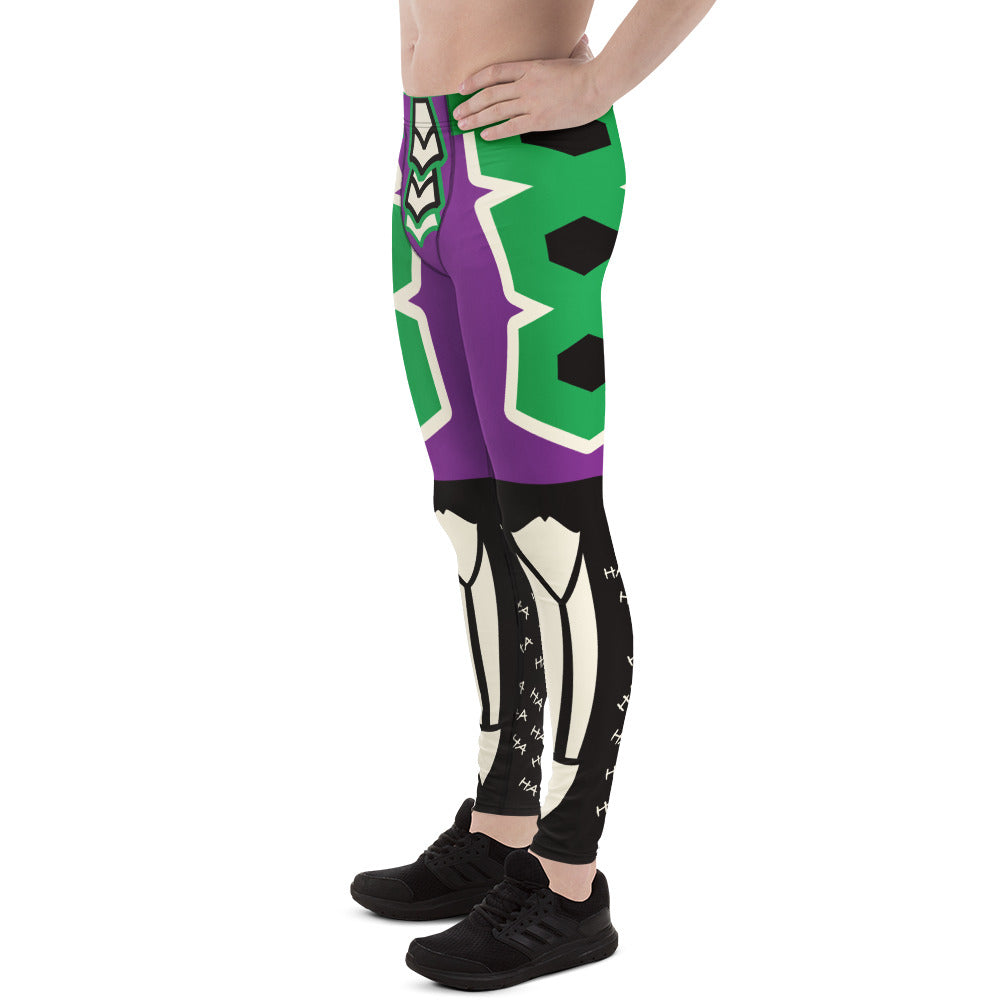 Men’s purple and green villain-style wrestling leggings with bold armour graphic design