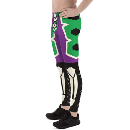 Men’s purple and green villain-style wrestling leggings with bold armour graphic design