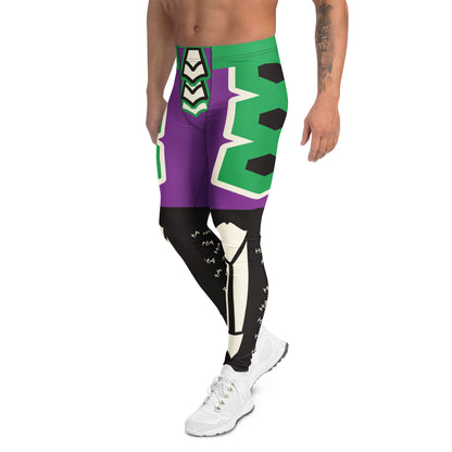 Men’s purple and green villain-style wrestling leggings with bold armour graphic design