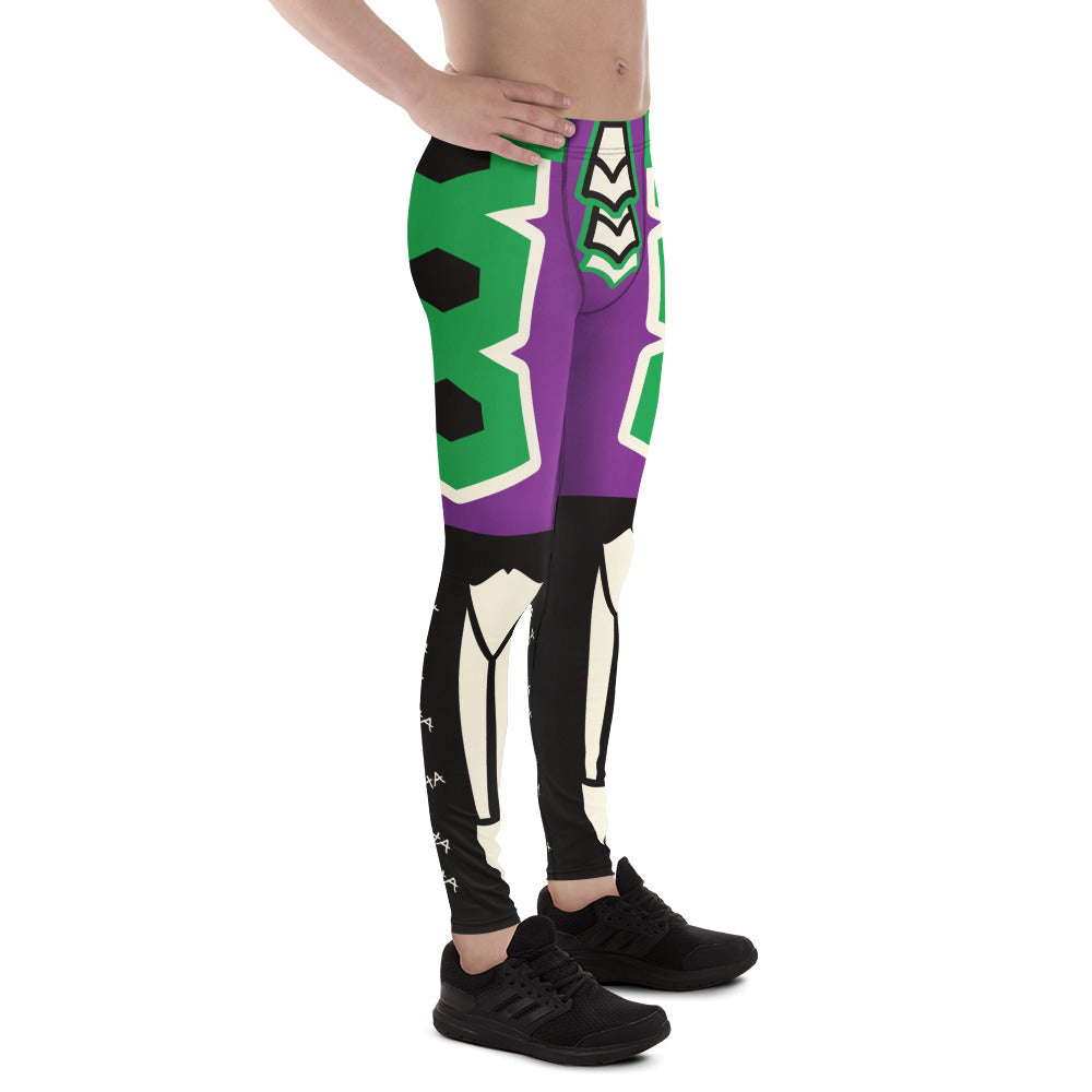 Men’s purple and green villain-style wrestling leggings with bold armour graphic design