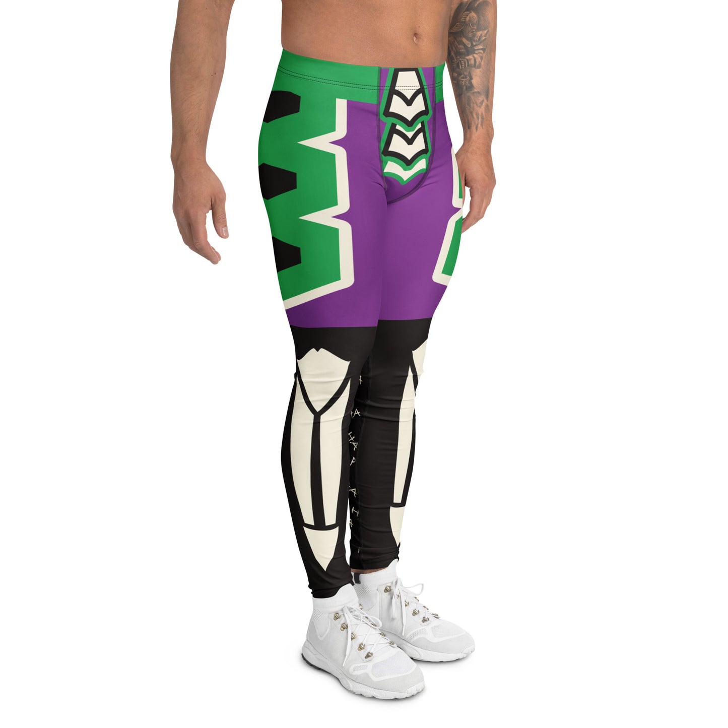 Men’s purple and green villain-style wrestling leggings with bold armour graphic design