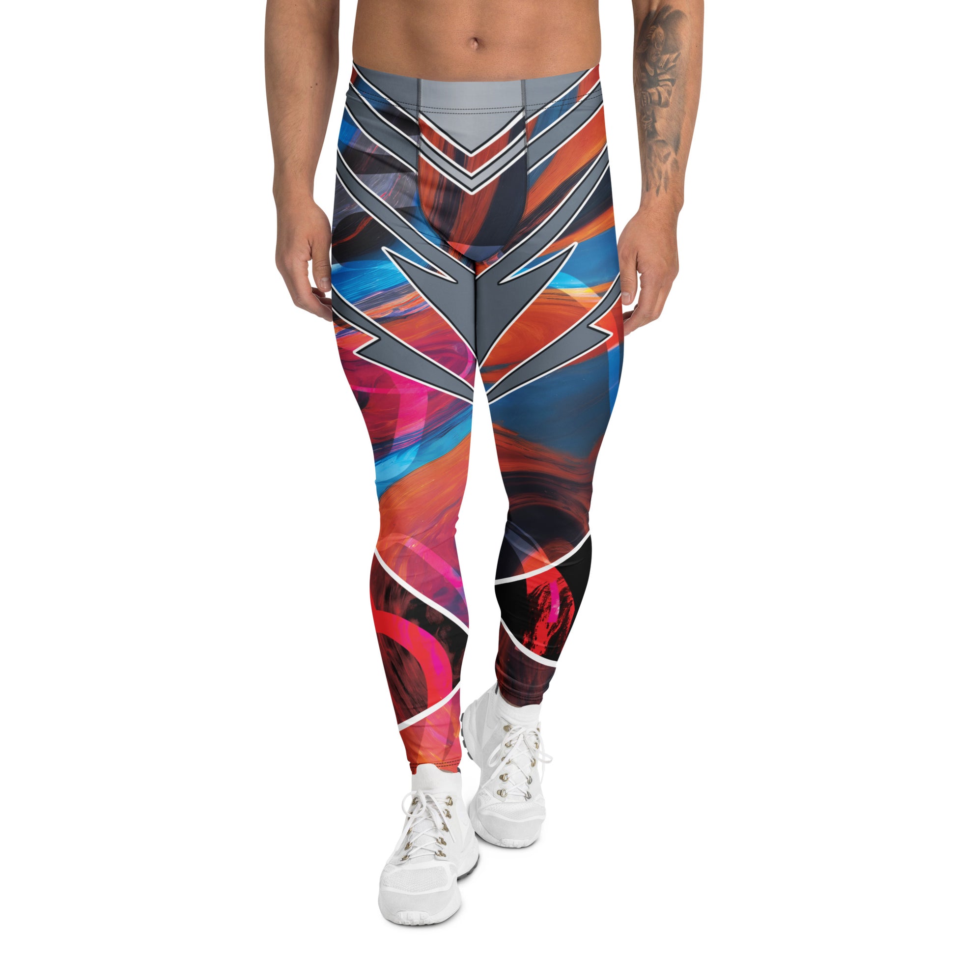 bold pro wrestling tights in disruption style with a geometric pattern in a futuristic setting. Front view