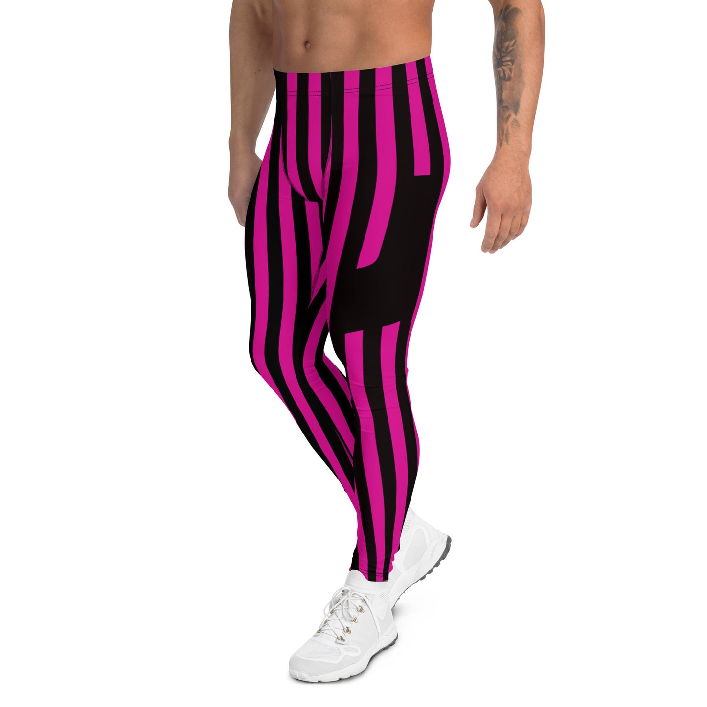 Stripy mens leggings in pro wrestling tights style. Pink and black stripes. Cosplay meggings with ankle length and mid rise elastic waistband.