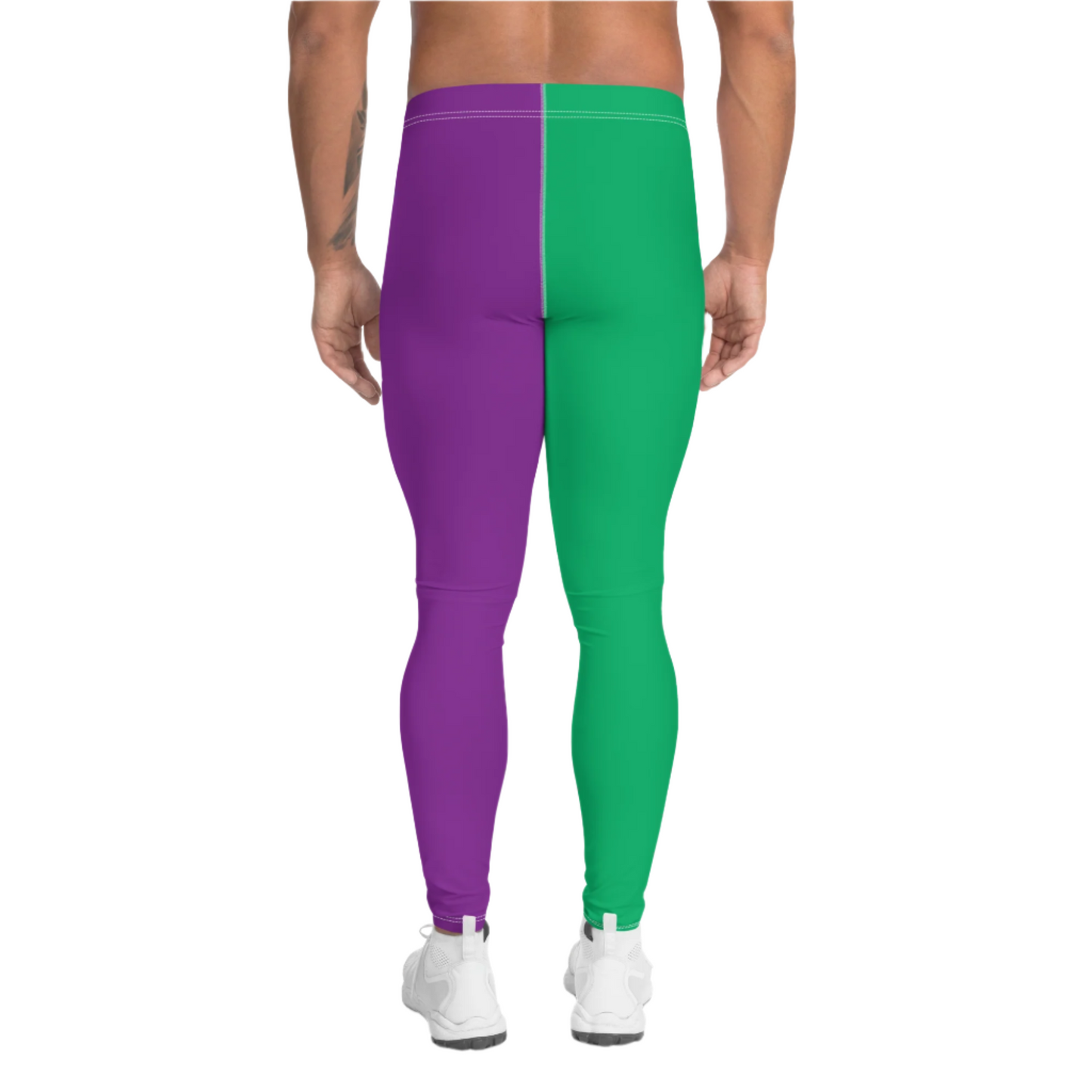 Pro wrestling long tights for men and matching tank top in purple and green stars as a bundle.