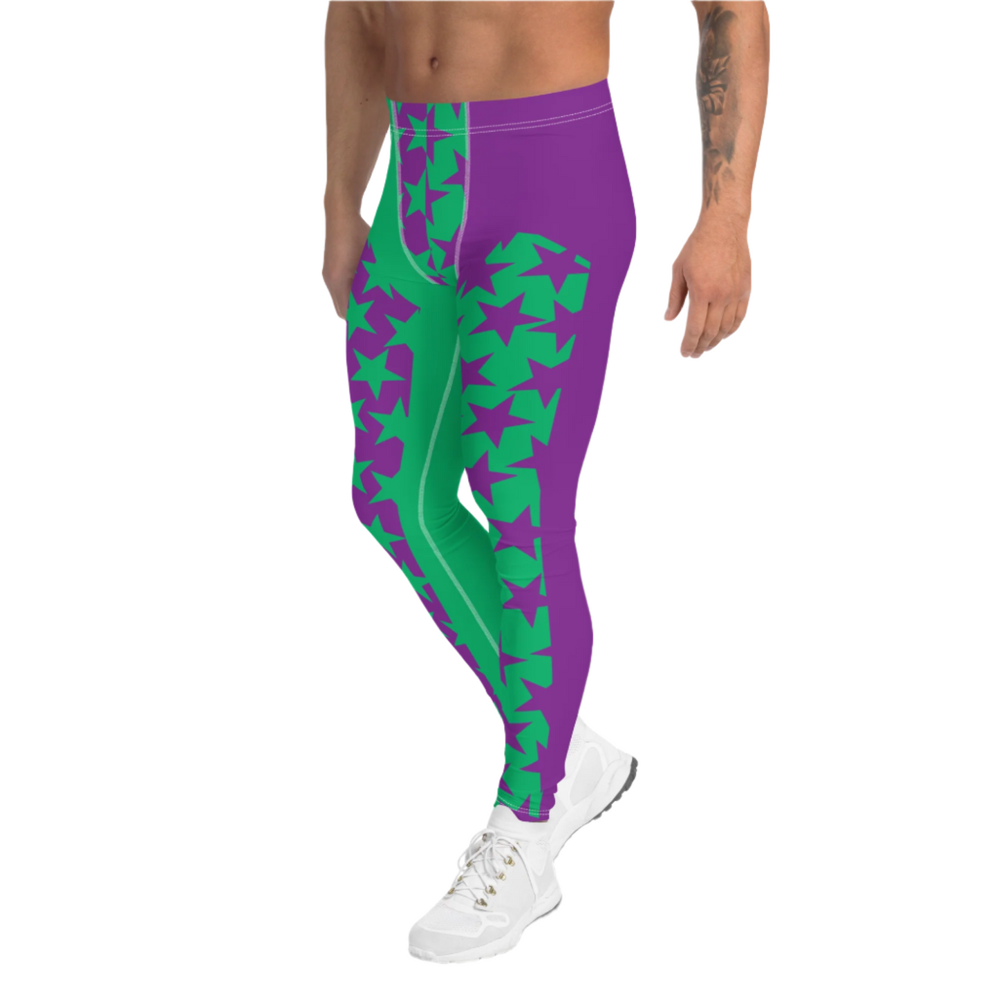 Pro wrestling long tights for men and matching tank top in purple and green stars as a bundle.