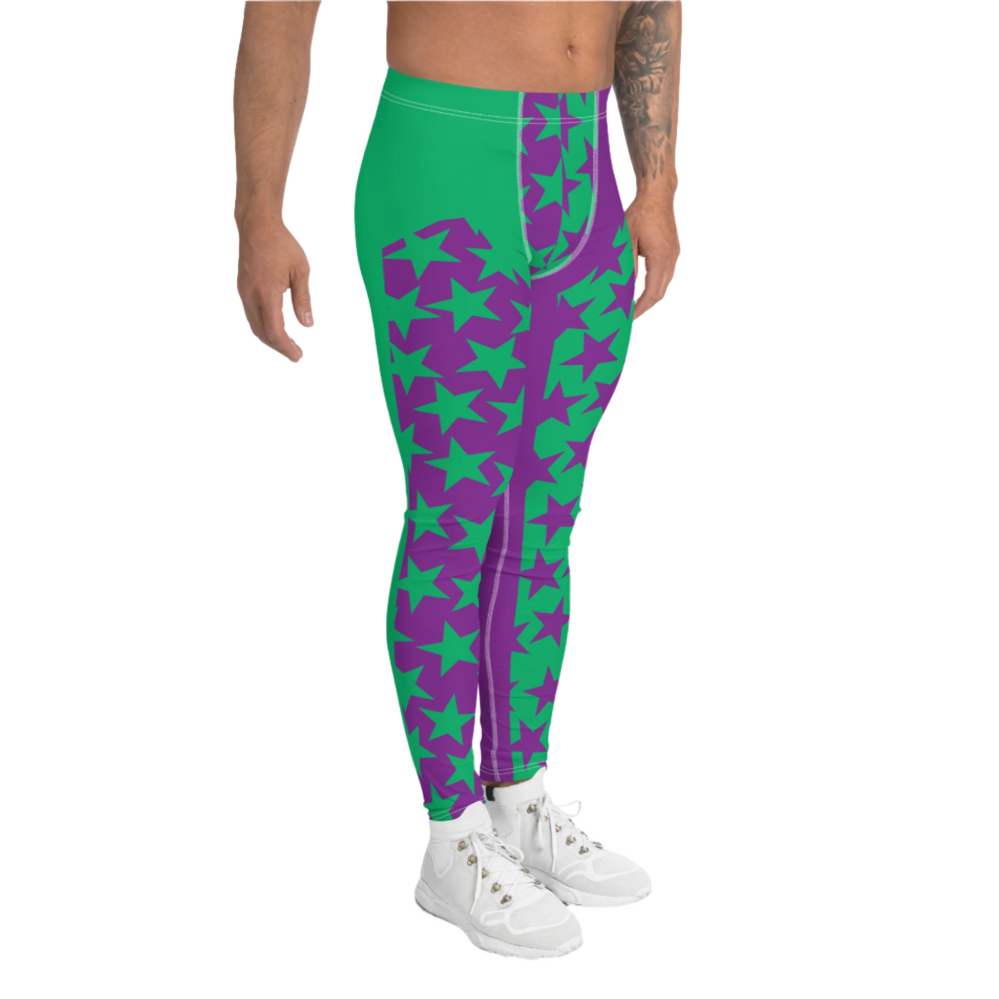 Pro wrestling long tights for men and matching tank top in purple and green stars as a bundle.