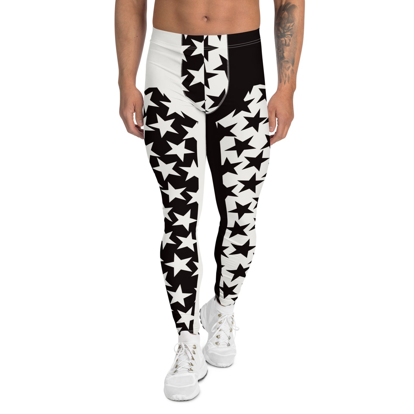 Men's leggings in black and white with inset alternate stars at the front. Pro wrestling tights, NFL American football gear or festival rave outfit with ankle length legs and mid rise elasticated waist band.