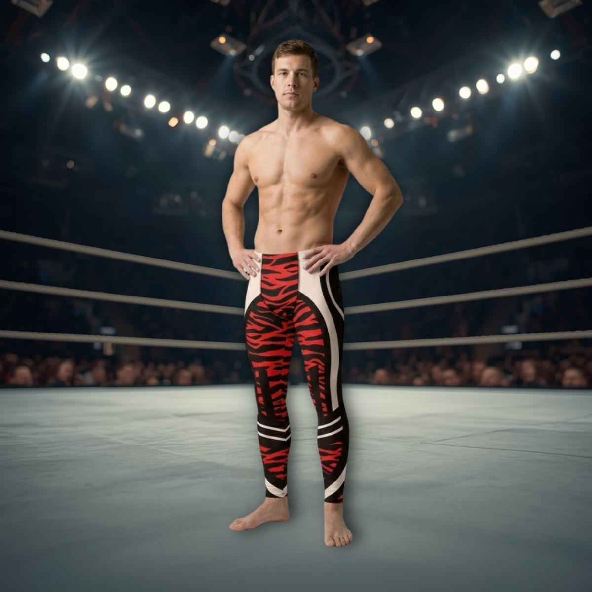 man wearing red, black and white tiger skin effect geometric design pro wrestling tights in the ring.