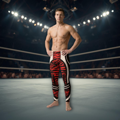 man wearing red, black and white tiger skin effect geometric design pro wrestling tights in the ring.