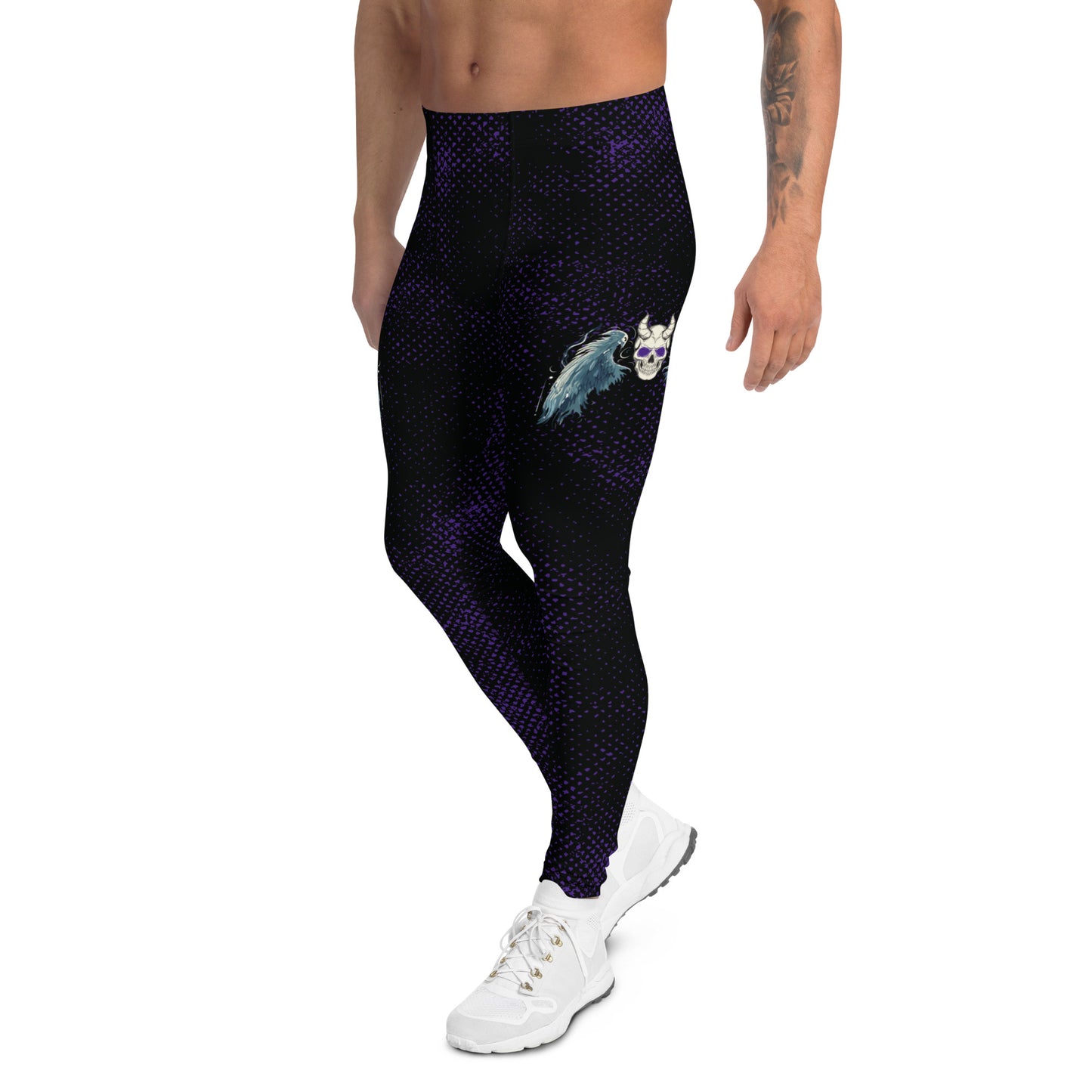 spooky gothic horror pro-wrestling tights with skull and wings on a black and purple distressed background. Mid rise leggings for men with ankle length legs.