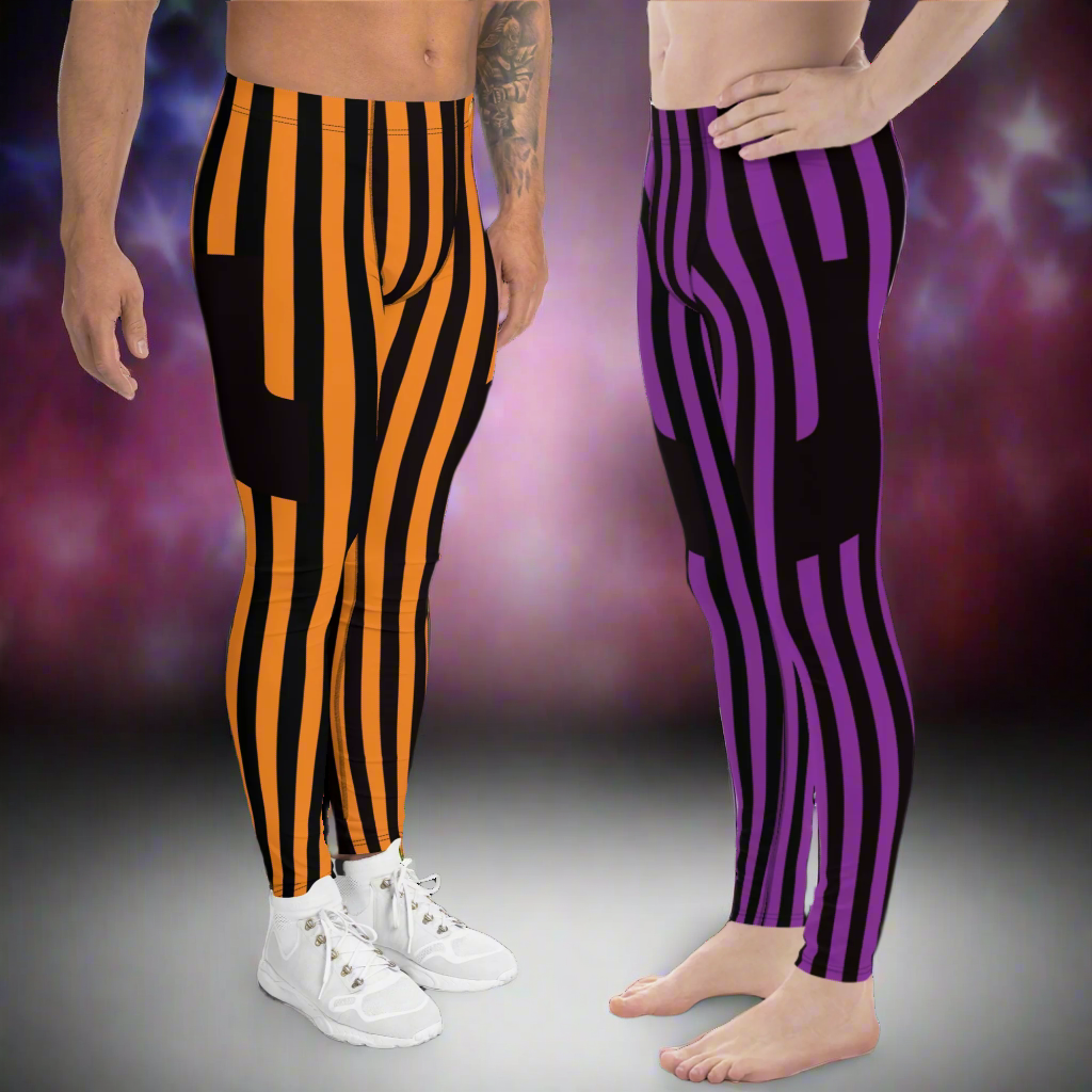 Pro wrestling tights, leggings for men in choice of colors including orange and black or purple and blackl with mock black pocket for WWE wrestling fans and cosplayers.