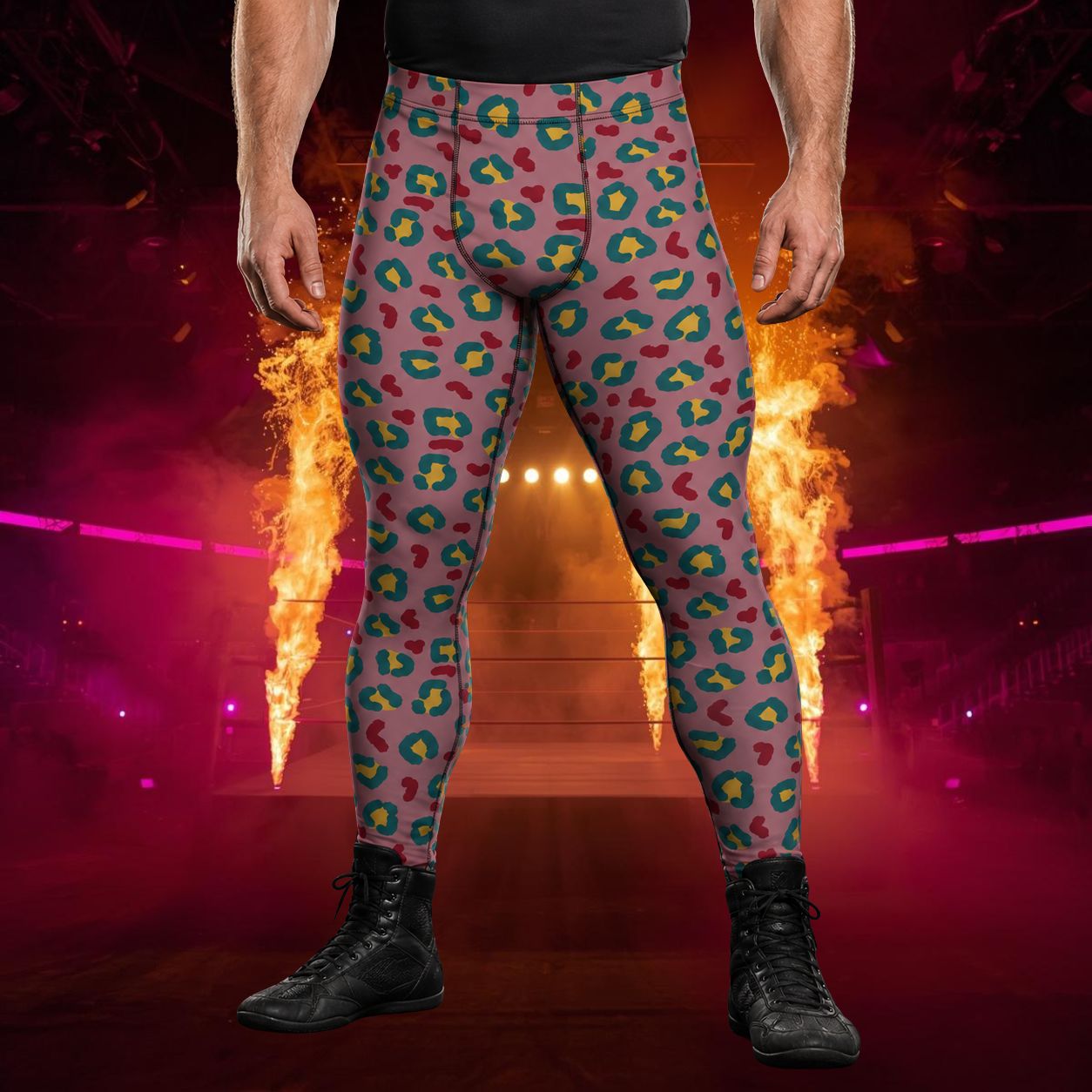 A person wearing colorful leopard-print athletic leggings and black lace-up boots, standing in a dramatic arena-like setting with smoke, stage lights, and fire effects.