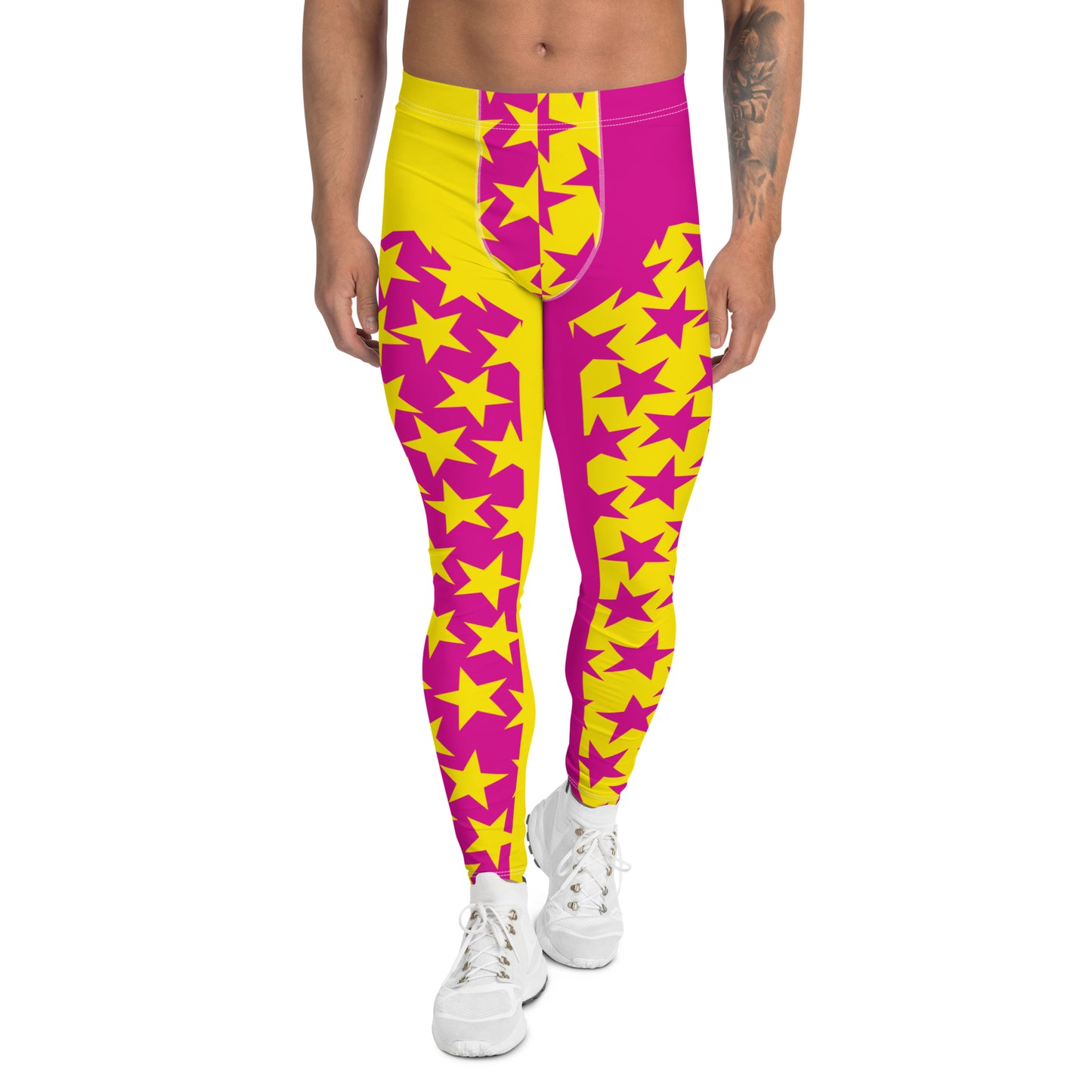 Men's leggings in pink and yellow with inset alternate stars at the front. Pro wrestling tights, NFL American football gear or festival rave outfit with ankle length legs and mid rise elasticated waist band.