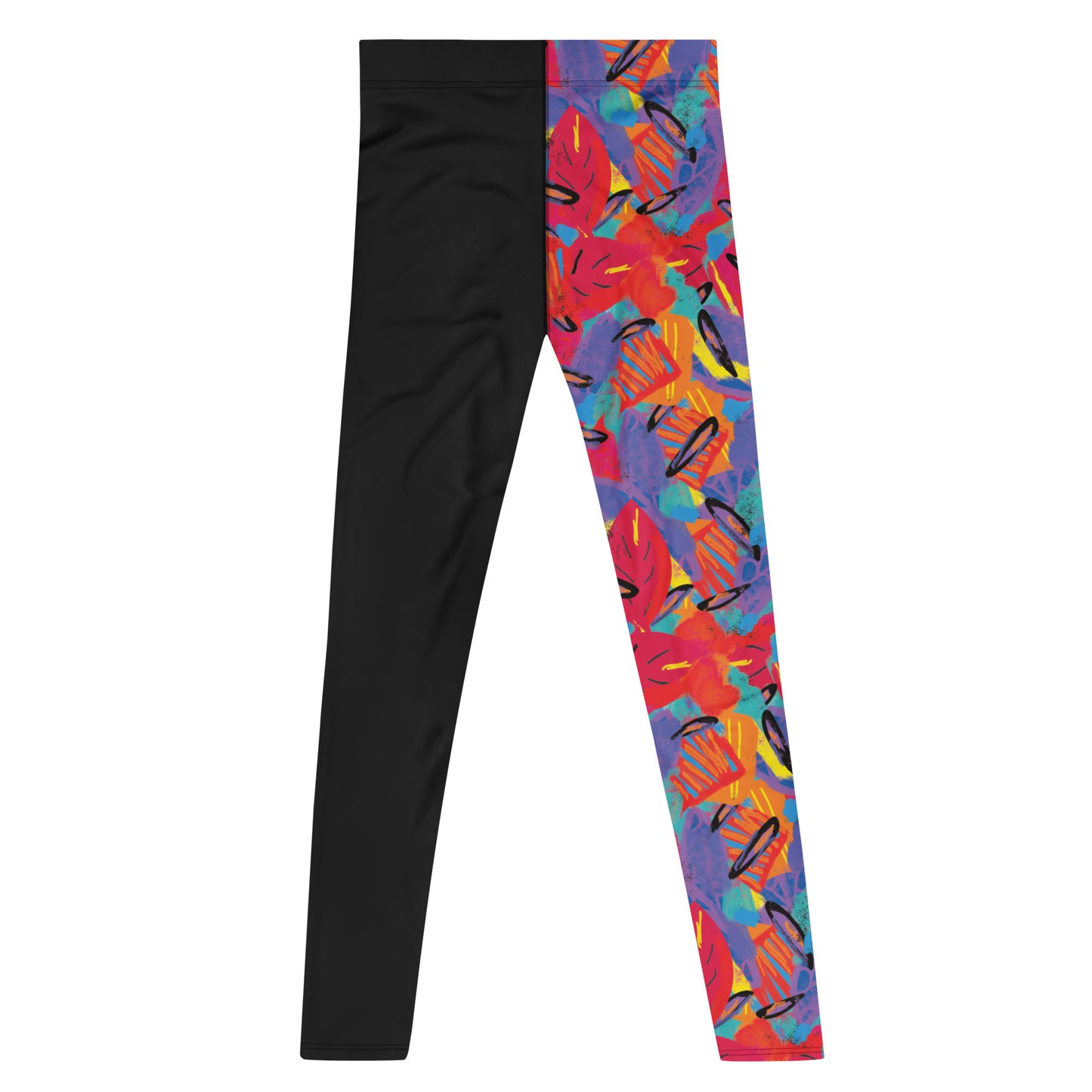 Colorful Macho-style men's workout leggings with 80s pop art pattern for wrestling fans