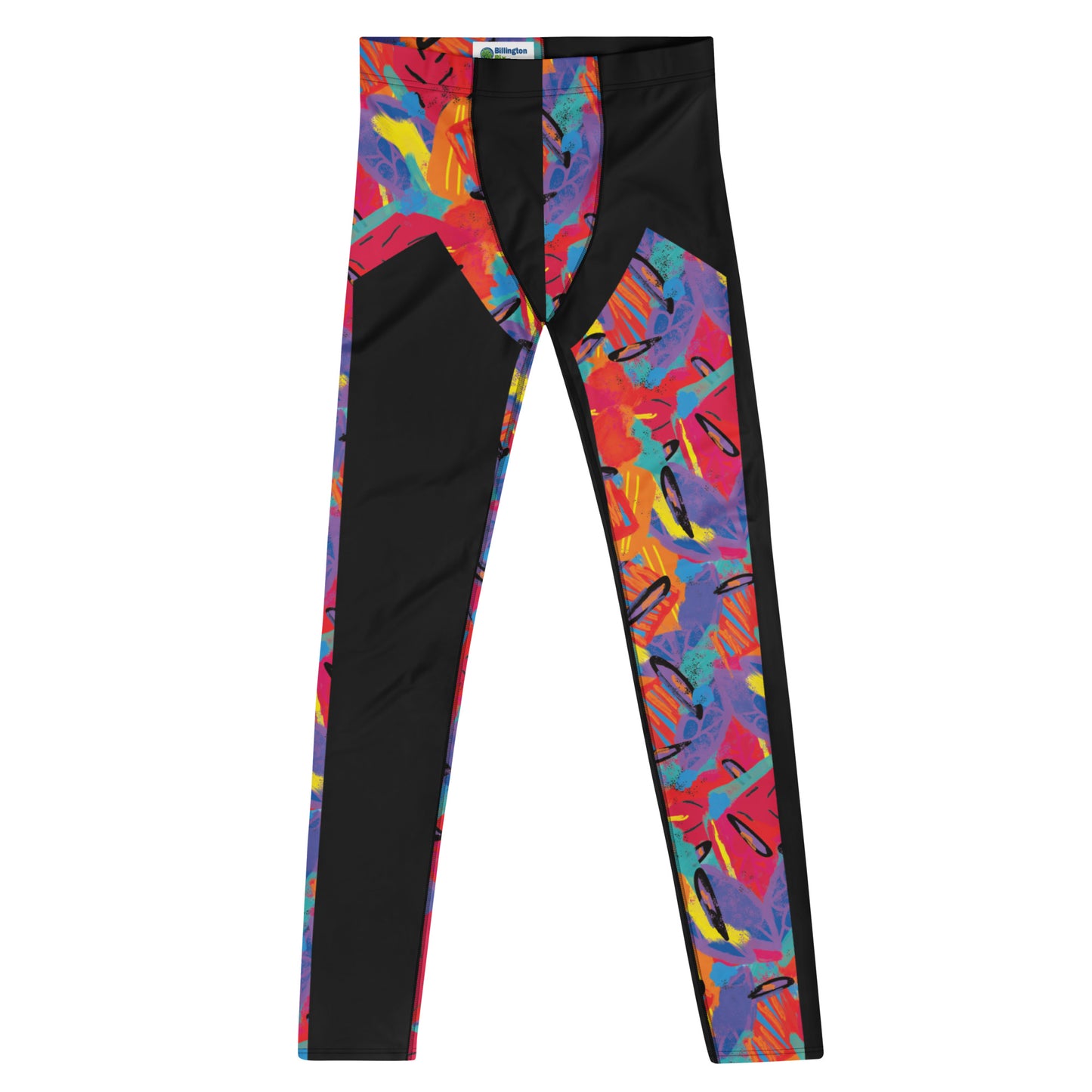 Bright 80s Memphis style men's cosplay leggings inspired by retro wrestling gear