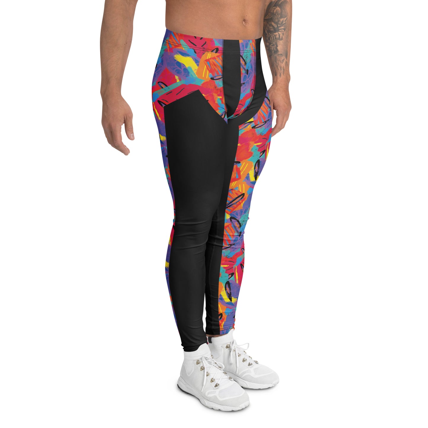 Cosplay ready men's leggings with retro Macho Man inspired 80s Memphis design