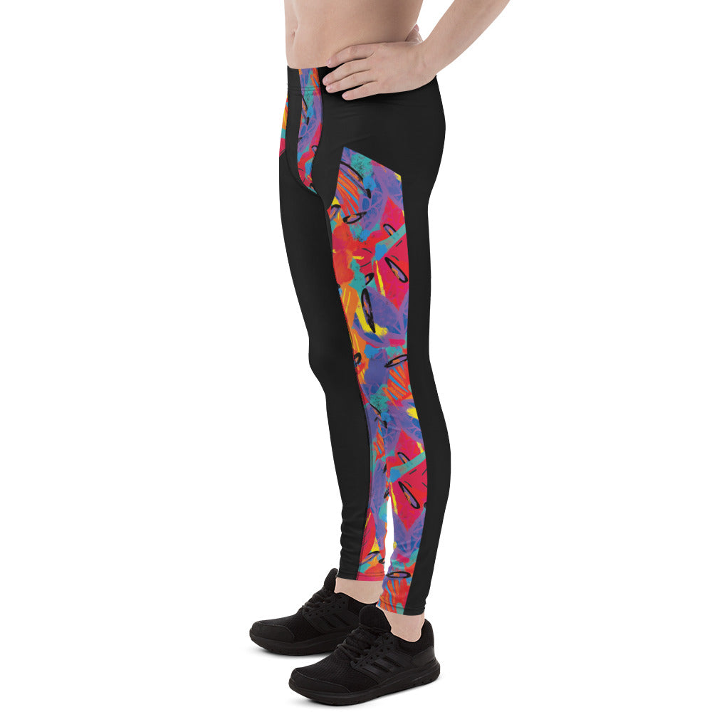 Men modeling Macho Memphis retro wrestling leggings in bright graphic colors