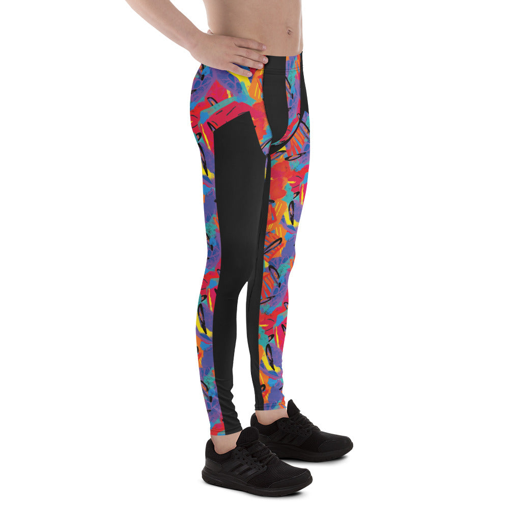 80s style wrestling cosplay leggings for men with abstract Memphis graphics