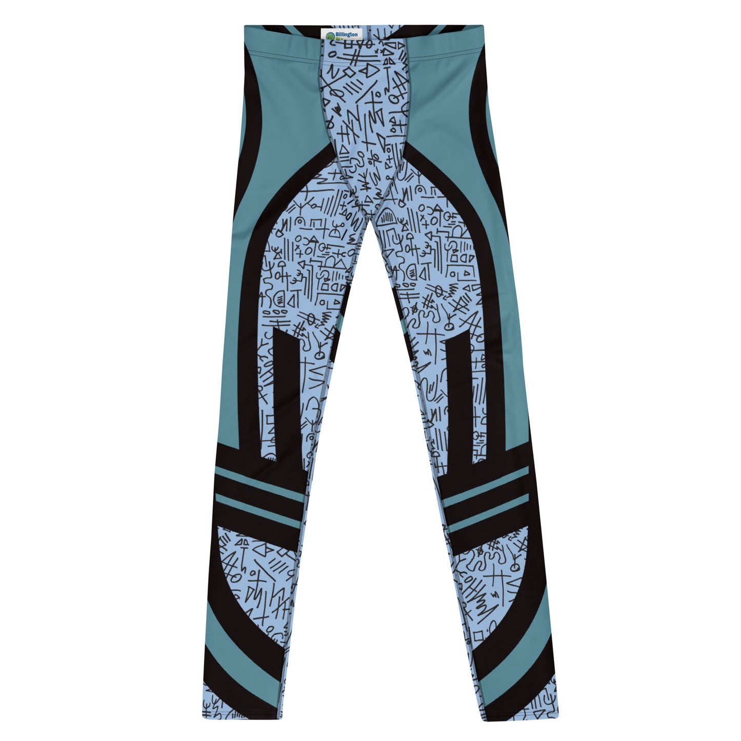 Close-up of retro Memphis print men’s compression spats in blue – four-way stretch, black contour detailing