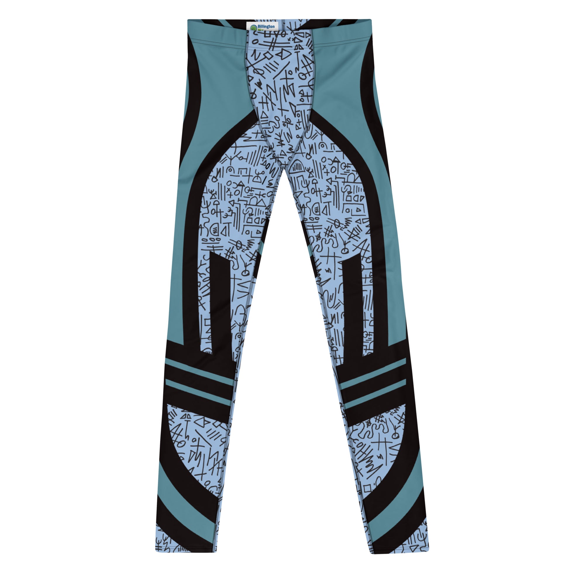 Close-up of retro Memphis print men’s compression spats in blue – four-way stretch, black contour detailing