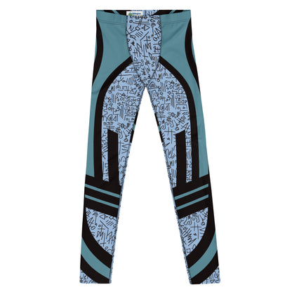 Close-up of retro Memphis print men’s compression spats in blue – four-way stretch, black contour detailing
