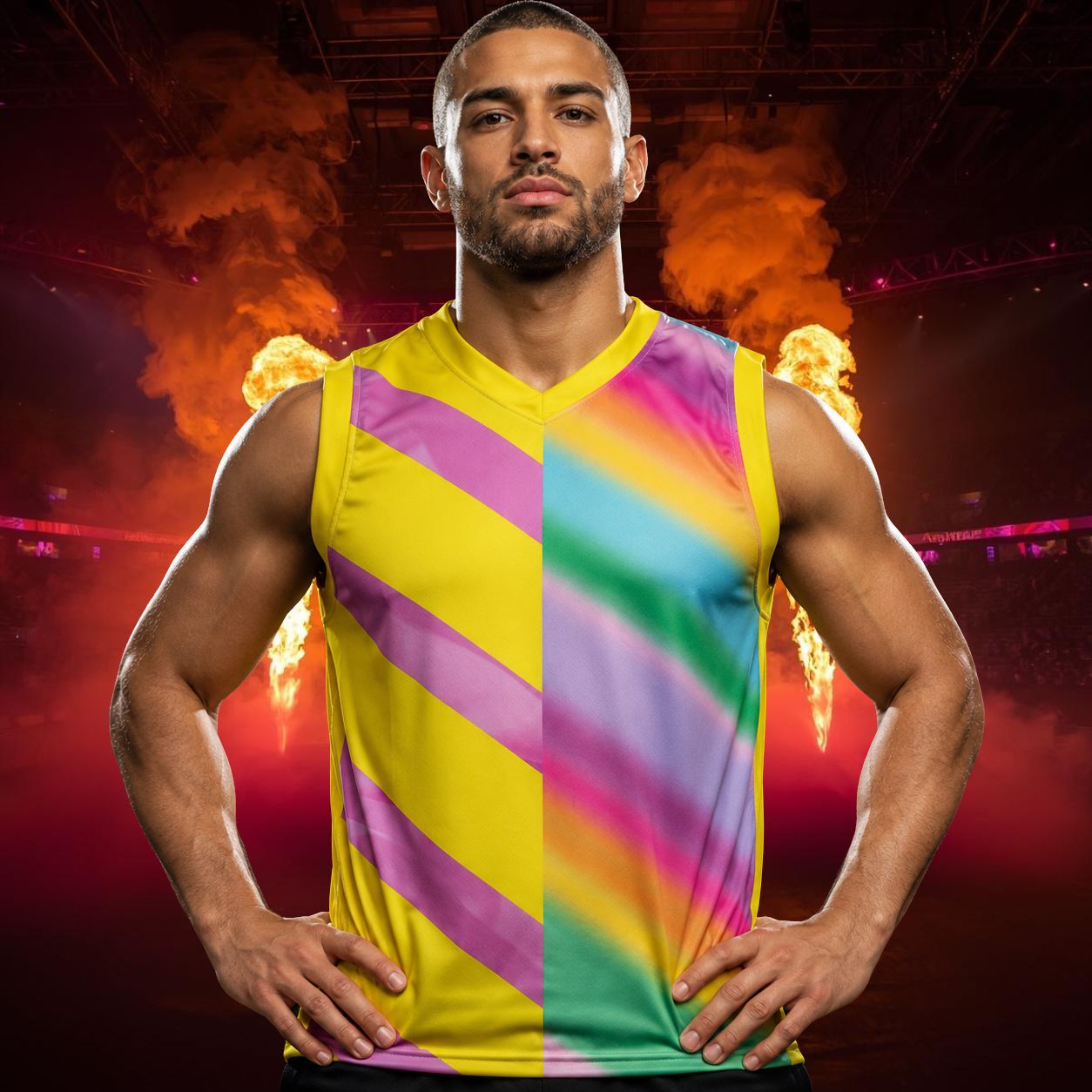 Man wearing a colorful pastel rainbow striped tank top with a fiery background