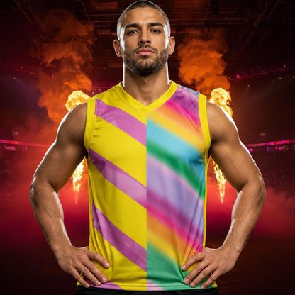 Man wearing a colorful pastel rainbow striped tank top with a fiery background