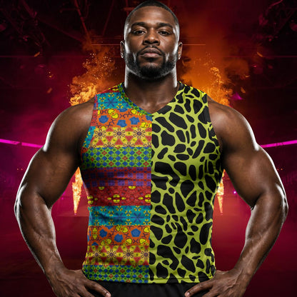 man wearing sleeveless t-shirt with kitsch patchwork and reptile skin design
