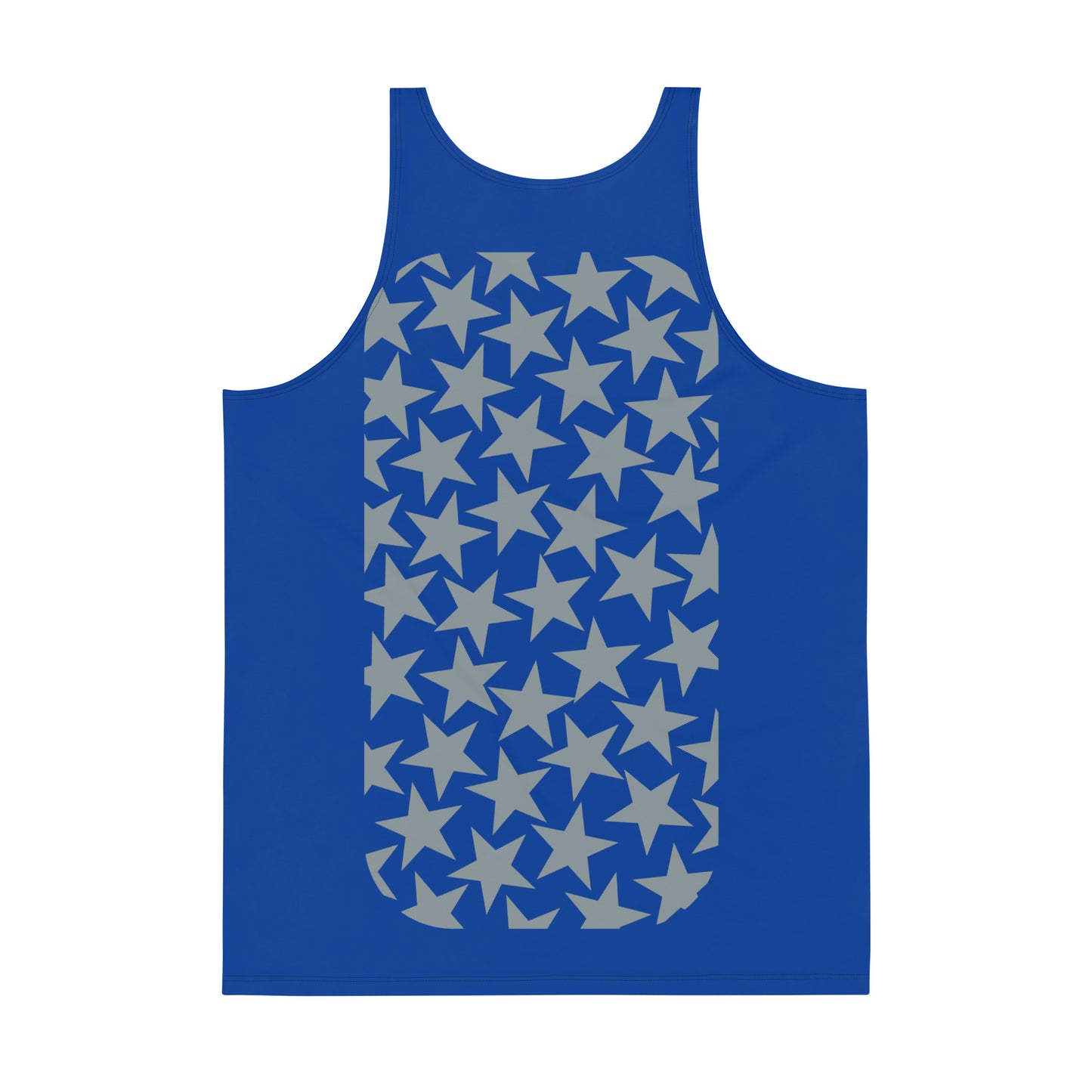 Mens tank top sports vest in blue with silver stars on the front and back. Relaxed fit NBA American football cosplay gear.