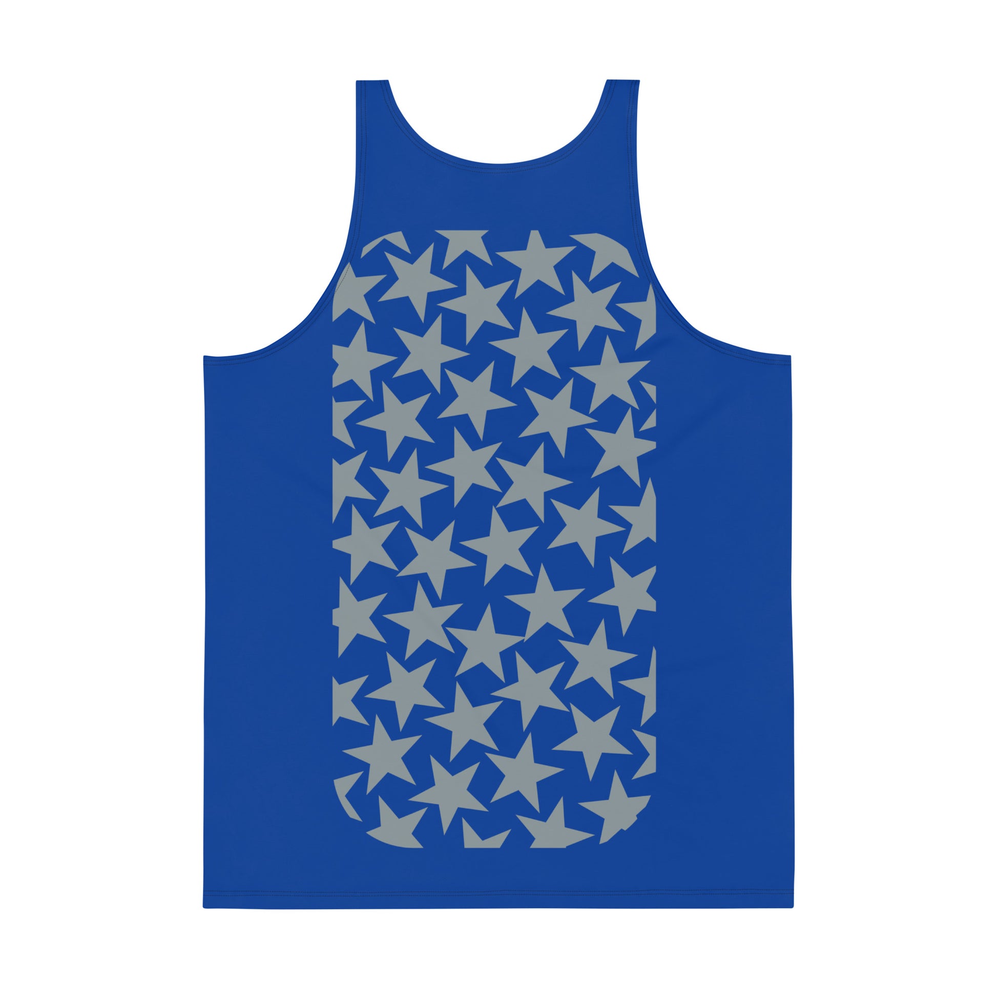 Mens tank top sports vest in blue with silver stars on the front and back. Relaxed fit NBA American football cosplay gear.