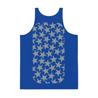 Mens tank top sports vest in blue with silver stars on the front and back. Relaxed fit NBA American football cosplay gear.