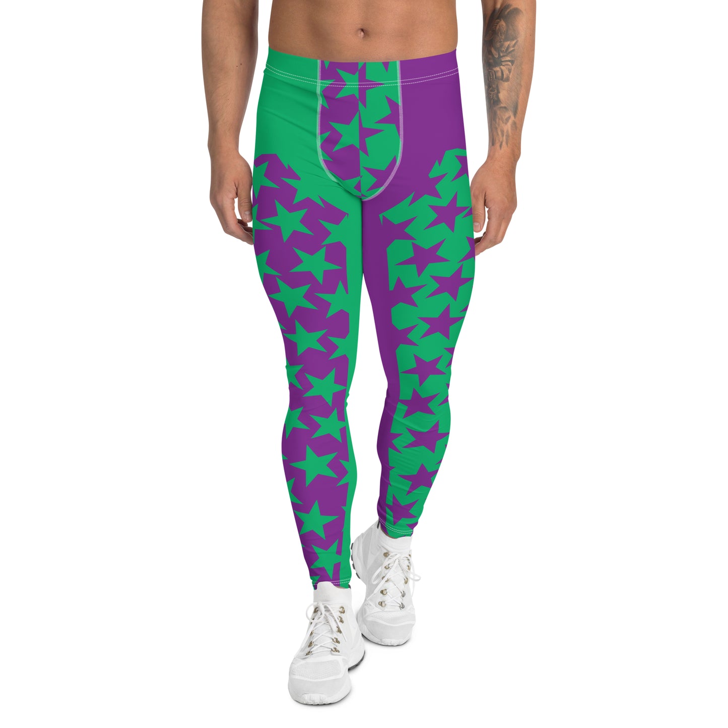 Men's leggings in purple and green with inset alternate stars at the front. Pro wrestling tights, NFL American football gear or festival rave outfit with ankle length legs and mid rise elasticated waist band.