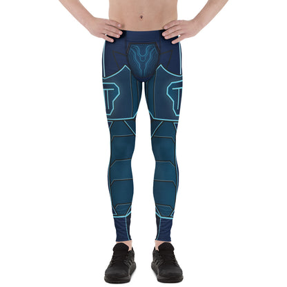 Navy leggings for men in geometric futuristic style. Neon effect design for cyberpunk warriors. Ankle length. Mid-rise waistband.