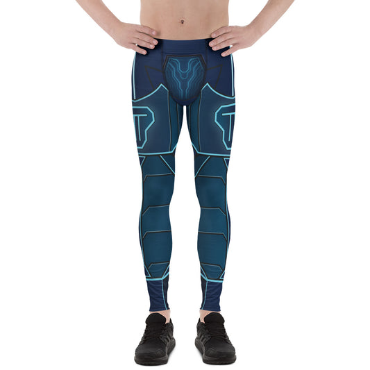 Navy leggings for men in geometric futuristic style. Neon effect design for cyberpunk warriors. Ankle length. Mid-rise waistband.