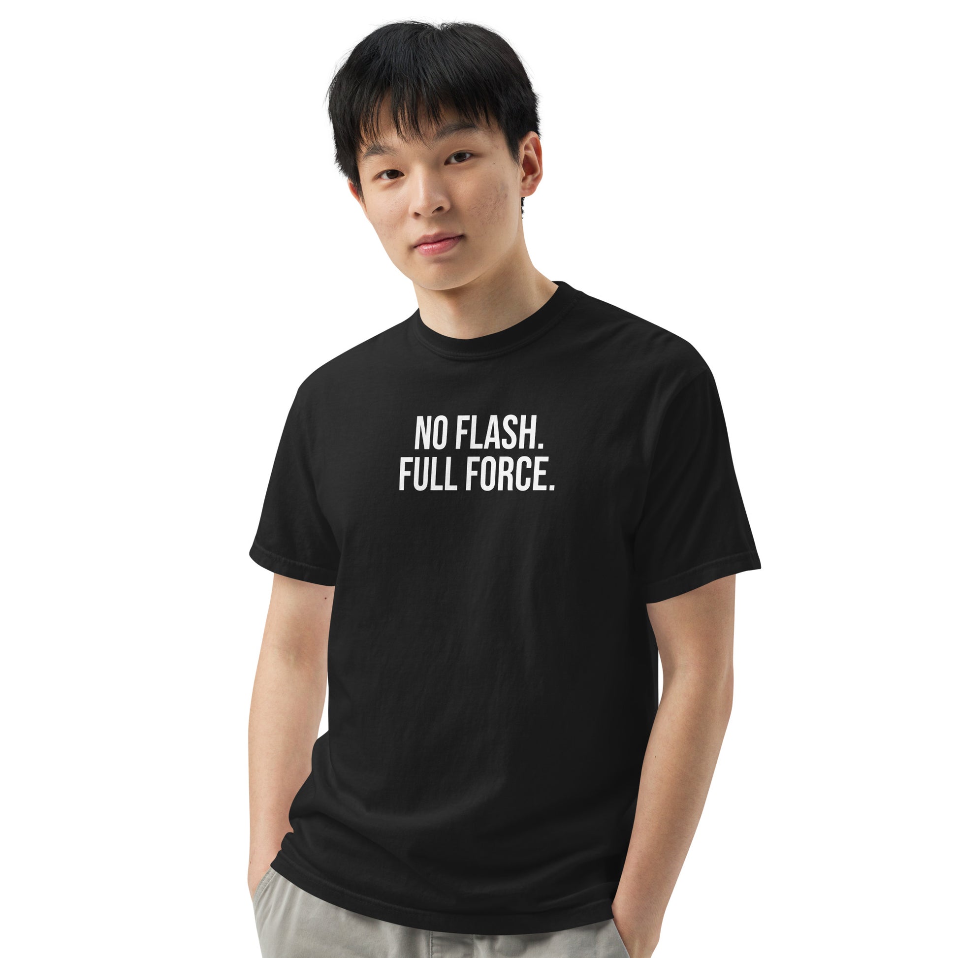 Man wearing black No Flash. Full Force. wrestling t-shirt.