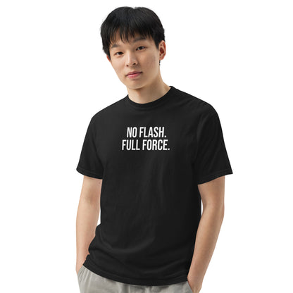 Man wearing black No Flash. Full Force. wrestling t-shirt.