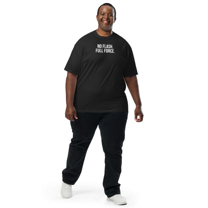 Man wearing black No Flash. Full Force. wrestling t-shirt with black joggers