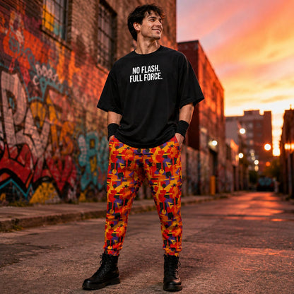 Man wearing a black t-shirt with 'NO FLASH. FULL FORCE' text and colorful joggers standing in an urban alley with graffiti at sunset.
