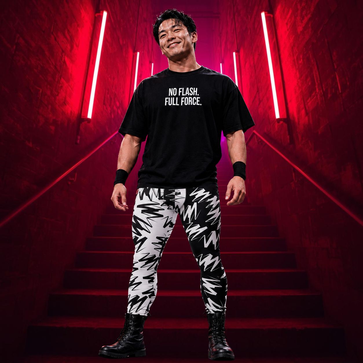 Man wearing black No Flash. Full Force. wrestling t-shirt with black and white geometric pro wrestling tights