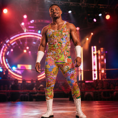 Man in a colorful retro 70s outfit standing on a wrestling stage with vibrant lights in the background