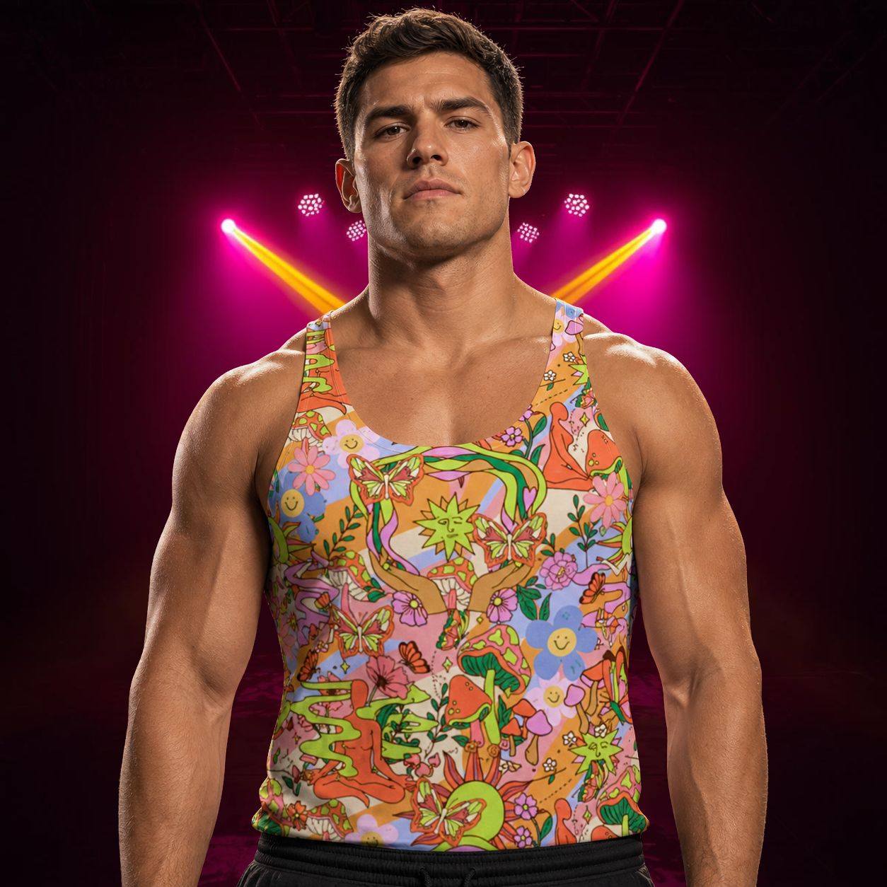 Man wearing a colorful retro 70s style tank top with abstract designs against a dark background