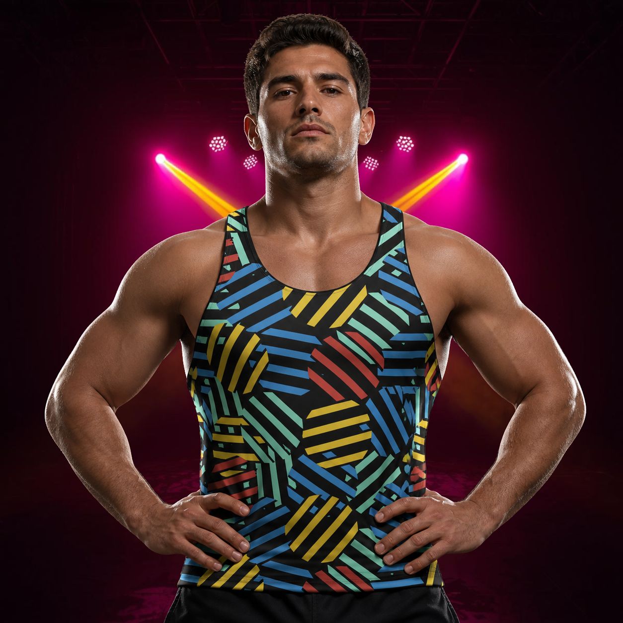 Man wearing a colorful geometric 80s memphis style tank top with a dark background and neon lights.